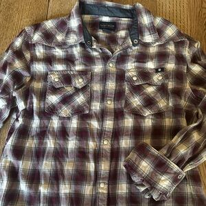 Lucky Brand Maroon and Cream Plaid Pearl Snap Flannel.
